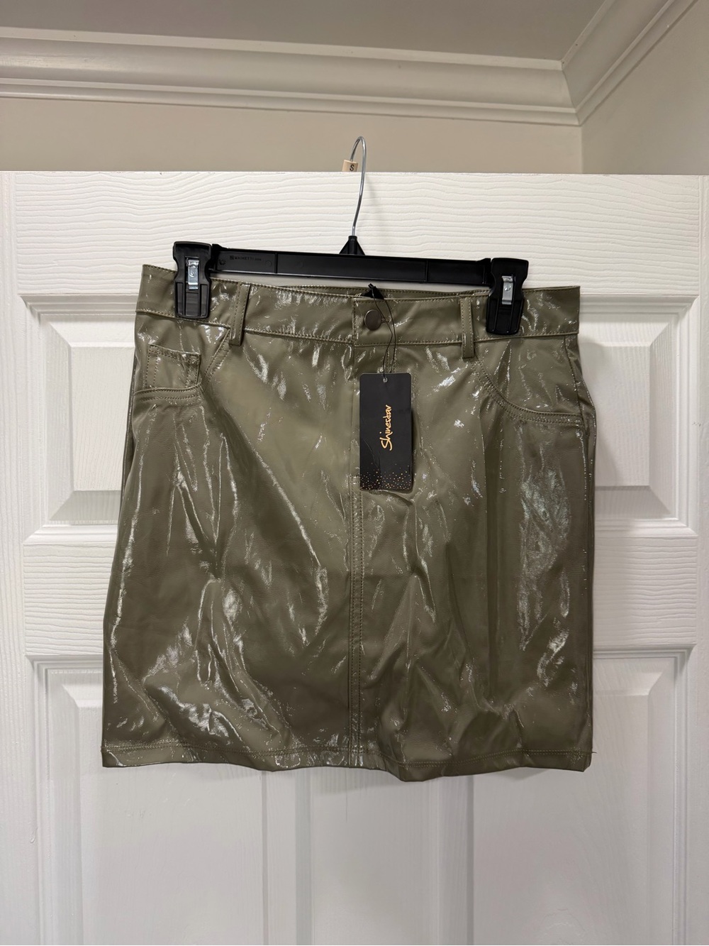 Shinestar Olive Green Vinyl Mini Skirt